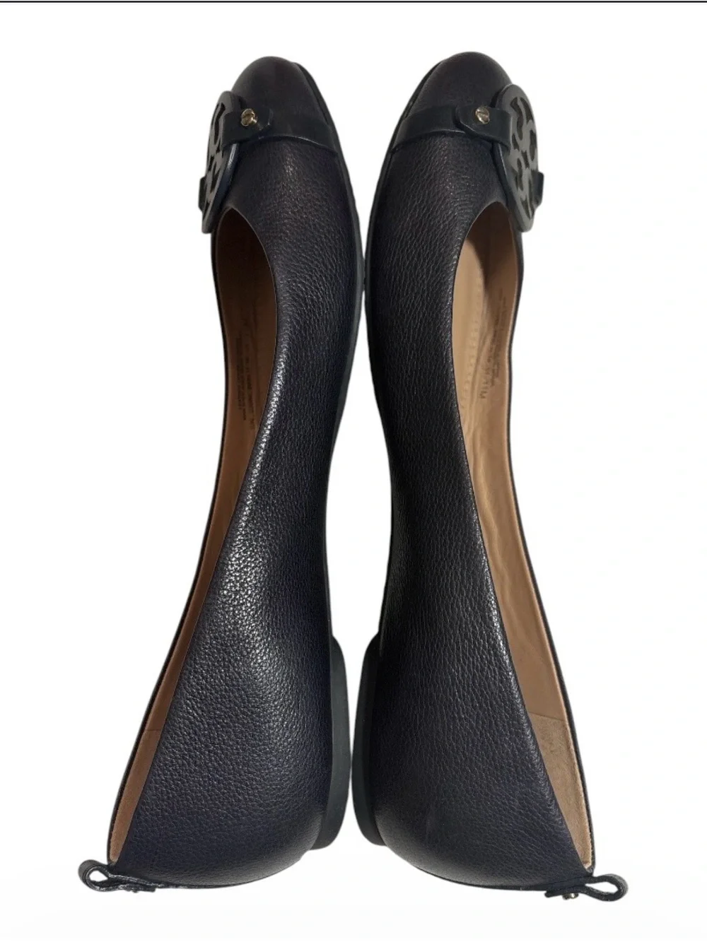 Tory Burch Navy Blue Leather Logo Round-Toe Ballet Flats